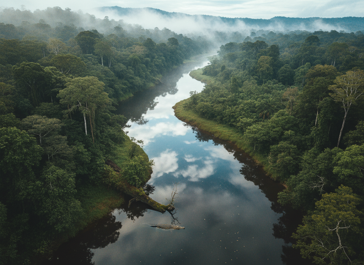 An aerial, cinematic view of a sinuous river cutting through dense emerald rainforest, its dark surface reflecting broken shards of bright sky as it winds into distant mist. A solitary crocodile, armor-like scales in shades of olive and charcoal, floats near the surface, its form just visible in the tannin-stained water near a fallen, moss-laden log. Early morning fog hugs the treetops while soft, diffused light from an overcast sky mutes colors into rich, moody greens and browns. The composition uses sweeping, diagonal lines of the river to lead the eye into the frame, with sharp detail in the canopy fading into atmospheric depth. The mood is tense and enigmatic, evoking hidden predators and unseen stories in a bold, cinematic, nature-documentary style.