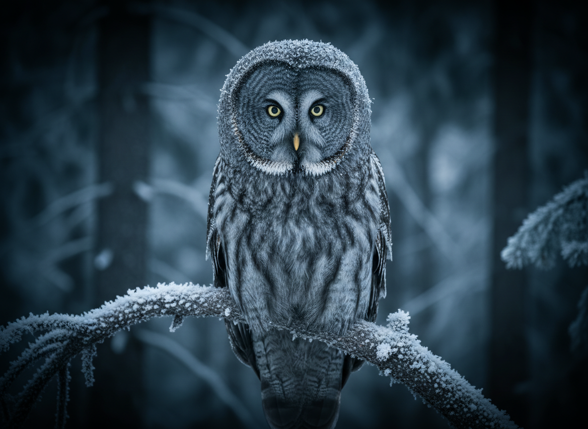 A close, cinematic portrait of a great grey owl perched silently on a frost-coated branch in a dense spruce forest. Its circular facial disc is rendered with exquisite detail, every concentric ring of soft grey and white feathers clearly defined, framing piercing yellow eyes that lock onto the viewer. The background dissolves into a deep, bluish-green blur of trunks and needles under overcast winter light. Fine ice crystals cling to the branch and the owl’s feather tips, catching faint, diffused highlights. The mood is eerie and intense, with cool, desaturated tones and subtle vignetting that pull focus to the bird’s expression. Captured at eye level with a telephoto lens and shallow depth of field, the composition feels intimate and mysterious, blending photographic realism with bold, cinematic contrast.