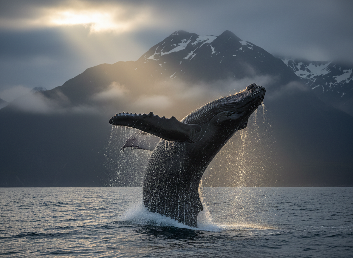 A powerful humpback whale breaches explosively from dark, steel-blue ocean, its barnacle-encrusted skin glistening with rivulets of water under a stormy, slate-grey sky. Towering mountains partially shrouded in fog rise in the distance, their snow-streaked slopes adding scale and drama. Late evening light breaks through a gap in the clouds, catching the whale’s arched body and the glittering spray of droplets in a golden rim, while the churning sea remains brooding and textured. Shot from a low, water-level perspective with a long lens, the composition emphasizes sheer size and motion, freezing the whale at the apex of its leap. The mood is awe-inspiring and cinematic, with high dynamic range, bold contrast, and rich, natural color grading that conveys the raw power and majesty of the open ocean.