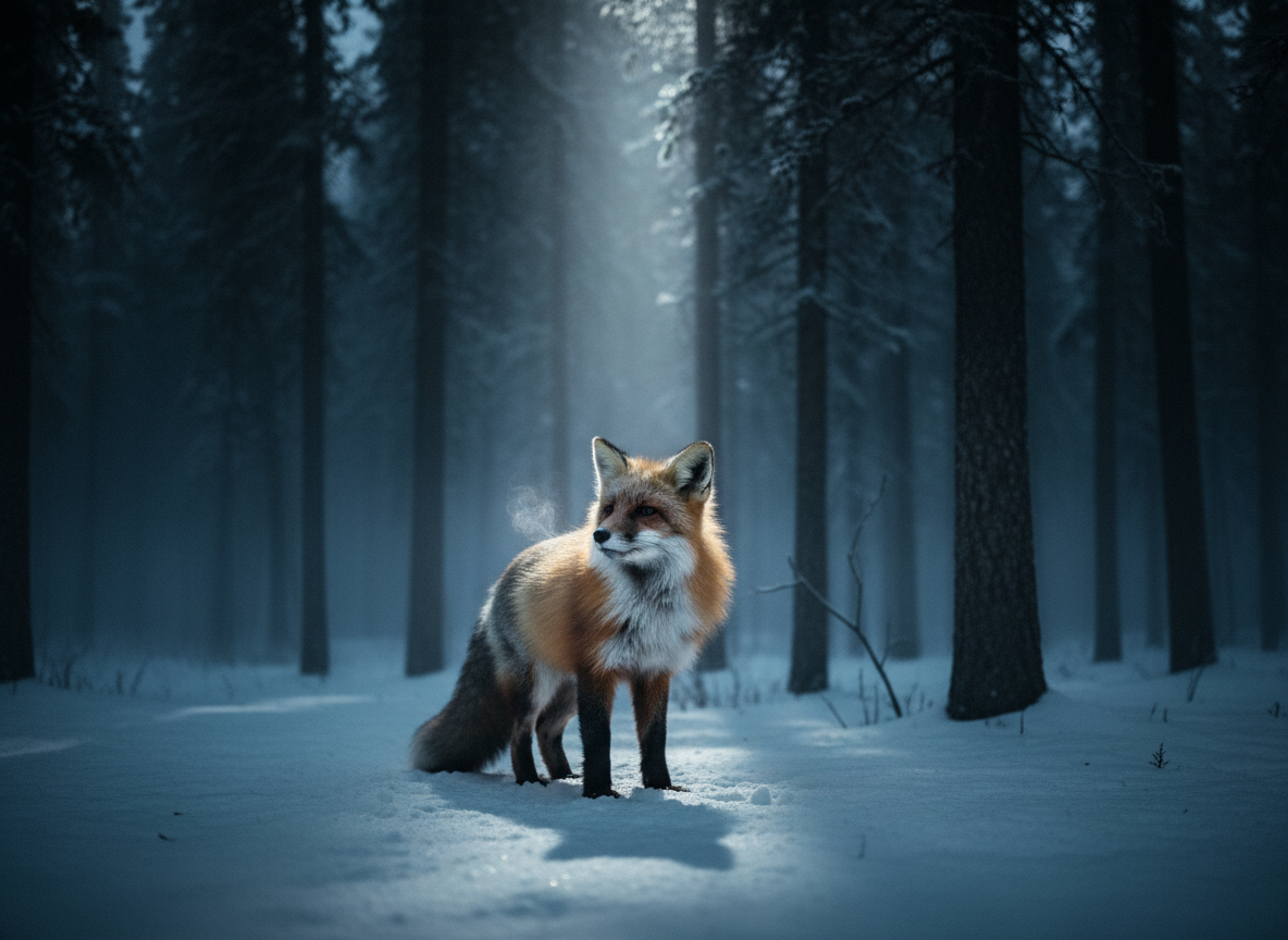 A red fox stands alert in a moonlit clearing at the edge of a dense boreal forest, its thick winter coat glowing rust, cream, and charcoal against the cool blue of fresh snow. The fox’s breath forms faint, ghostly clouds in the frigid air as it listens, ears pricked forward. Tall pines loom in the background as dark silhouettes, their trunks disappearing into fog that catches soft lunar highlights. A single shaft of cold, silvery moonlight slices across the scene, spotlighting the fox while the surroundings recede into velvety darkness. Captured from a low, cinematic angle with moderate telephoto compression, the frame feels intimate yet mysterious. The image has bold contrast, subtle filmic grain, and a moody, nocturnal atmosphere that emphasizes stealth, solitude, and wild intelligence.