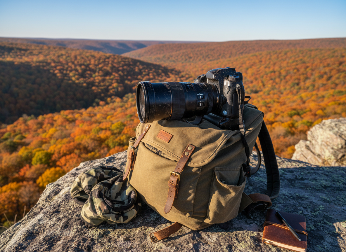 A weathered professional DSLR camera with a long telephoto lens, its matte black body scratched and dusted with fine red earth, rests on a rugged canvas backpack at the edge of a cliffside overlook. Beyond, a sweeping valley of autumn forest blazes with fiery oranges, deep crimsons, and golden yellows under a crystalline blue sky. Late afternoon sunlight creates bold, cinematic contrast, carving specular highlights along the lens barrel and casting crisp shadows over the pack’s worn straps and metal buckles. A pair of camouflaged lens covers and a field notebook lie casually nearby on the lichen-flecked rock. Shot from a low, three-quarter angle with shallow depth of field, the camera is in sharp focus while the vast landscape melts into a dreamy bokeh. The mood is adventurous and aspirational, celebrating the craft of untamed, outdoor photography.